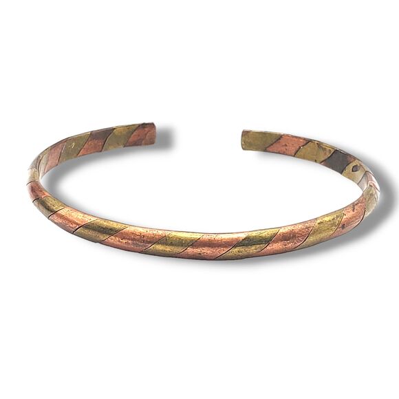 Brass Copper Alternating Stripes Thin Bangle Vintage Bracelet Mixed Metal - Picture 2 of 8
